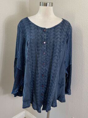 Denim 24/7 Womens Plus 26W Blue Boho Tunic Top Button Front Lace Sleeves Shirt